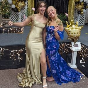 Ava Presley Style #35731, Brushed Gold Mermaid Gown With Cutout Back & Train